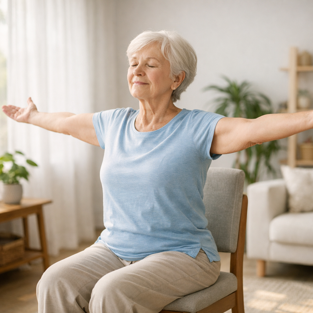 An elderly person practicing gentle chair yoga in a bright, minimalist living room, sitting upright with arms stretched peacefully, morning sunlight streaming through sheer curtains, plants in the background, photo style, shot with 35mm lens, natural lighting, soft focus, peaceful and calming atmosphere, DSLR camera