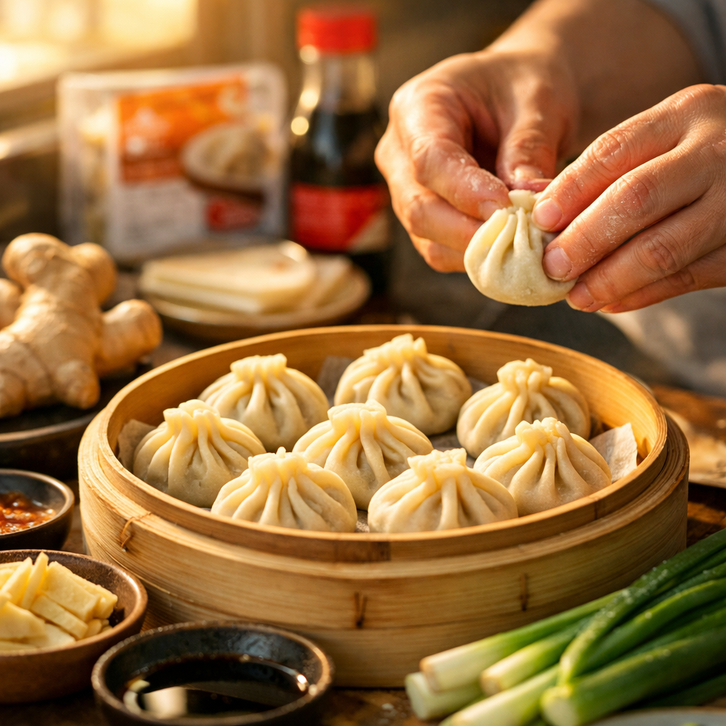 A close-up photo style image of hands preparing Chinese dumplings at a modern kitchen counter, shot with macro lens at f/2.8. The composition shows freshly made dumplings arranged on a bamboo steamer, with authentic Chinese ingredients like ginger, soy sauce, and scallions artfully placed around. Soft natural lighting from a window creates gentle shadows and warm tones. The scene includes both traditional elements and modern retail packaging visible in the background, symbolizing the bridge between authentic cultural cooking and mainstream accessibility. Shot with DSLR camera, highly detailed textures of dumpling pleats and ingredient surfaces. Golden hour lighting effect creates an inviting, appetizing atmosphere.
