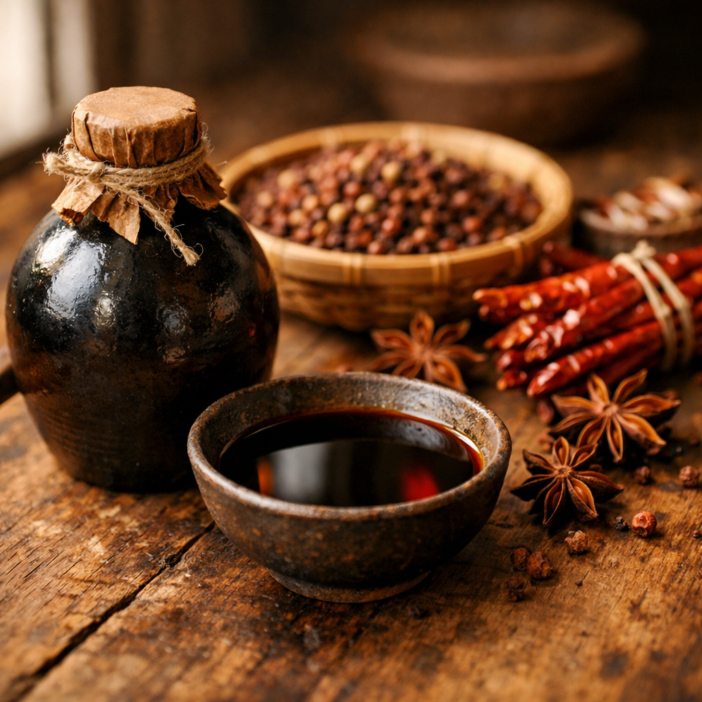 A detailed photo of traditional Chinese condiments arranged on a rustic wooden table. In the foreground, a dark ceramic bottle of aged Shaoxing wine from Zhejiang province, alongside a small bowl of Chinkiang black vinegar with its characteristic dark amber color. Behind them, dried Sichuan peppercorns in a bamboo basket, star anise scattered artfully, and bundles of dried red chilies. Soft natural window lighting from the side creates warm highlights and gentle shadows, emphasizing the authentic textures and rich colors of these ingredients. Shot with 50mm lens at f/2.8, shallow depth of field, photo style with warm color grading.