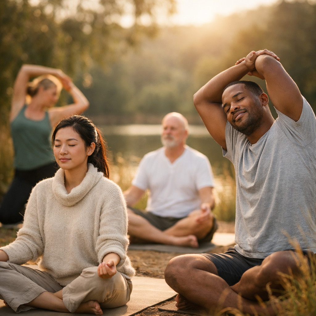 A serene wellness scene showing diverse people in a peaceful natural setting, each responding differently to the same environment - one person wearing a light sweater while another is in short sleeves, someone meditating deeply while another stretches gently, illustrating natural constitutional variations. Soft natural lighting, photo style, shot with 50mm lens at f/2.8, warm earthy tones, capturing the beauty of individual differences in a harmonious composition