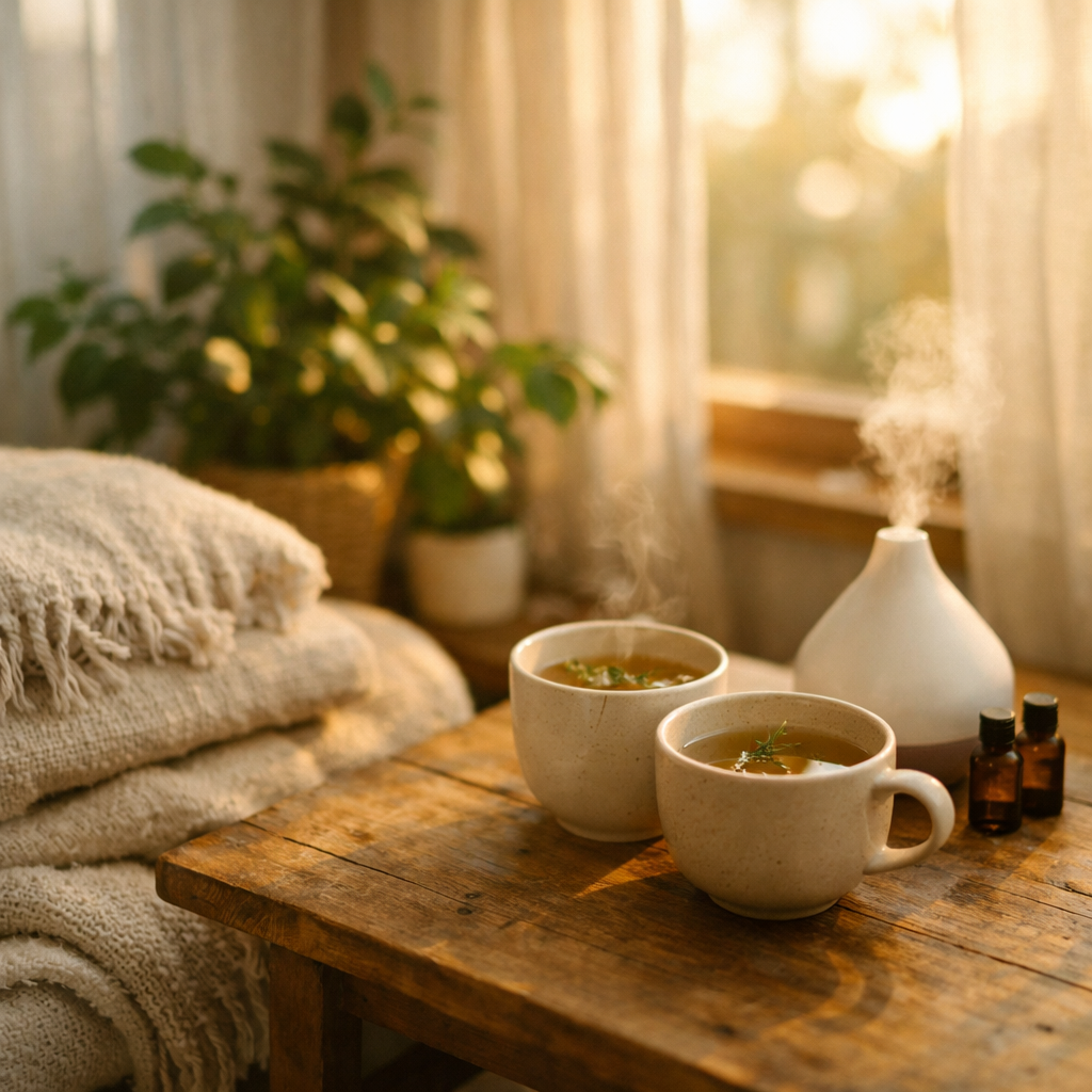 A cozy, minimalist wellness corner featuring natural elements - wooden table with ceramic cups of herbal tea, soft natural fiber blankets in neutral tones, a small essential oil diffuser, fresh plants by a window with gentle morning sunlight streaming through sheer curtains. Photo style, shot with 35mm lens, shallow depth of field at f/2.0, warm golden hour lighting, emphasizing texture and tranquility, embodying a gentle approach to supporting sensitive constitutions