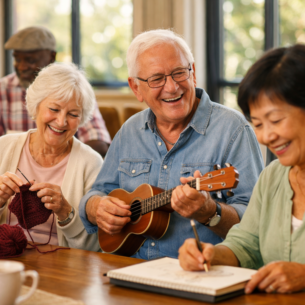 A diverse group of seniors aged 65-80 engaged in various creative activities together in a bright community center, one person knitting, another sketching, someone playing ukulele, genuine smiles and warm interaction, natural lighting from large windows, shallow depth of field highlighting joyful faces, shot with 35mm lens, warm color tones, photo style