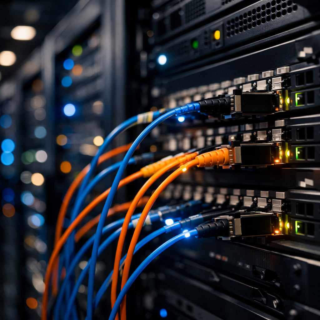 A modern data center server room with rows of high-density network equipment racks, featuring illuminated fiber optic cables in blue and orange connecting to sleek black transceiver modules, shot with 50mm lens, f/2.8, professional lighting with dramatic shadows, high contrast, photo style