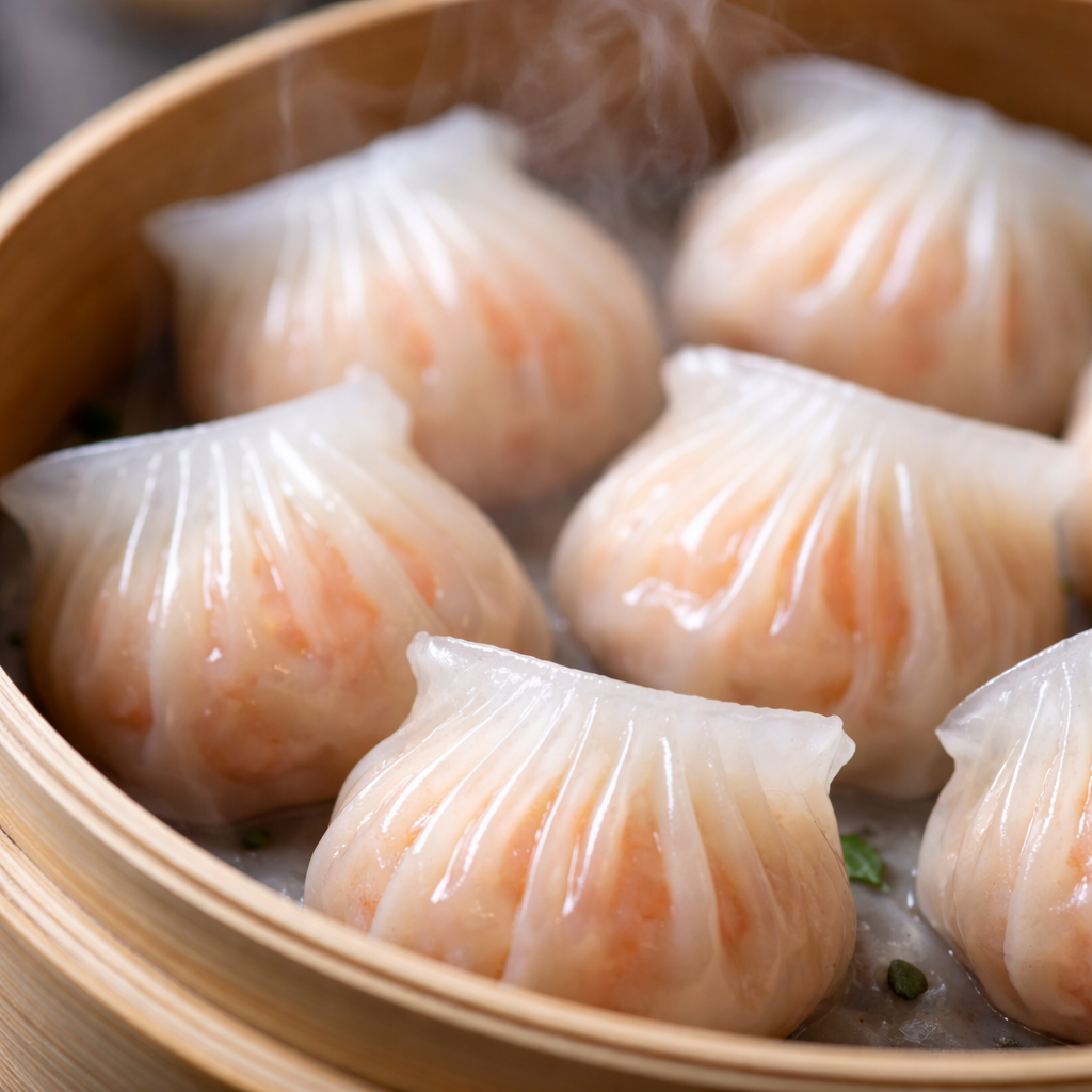 Professional food photography of steaming hot har gow dumplings in a bamboo steamer basket, showcasing the translucent wrapper with 12-14 perfect pleats and visible pink shrimp filling inside, captured with macro lens, soft natural lighting, steam rising, shallow depth of field, elegant composition, highly detailed texture, photo style