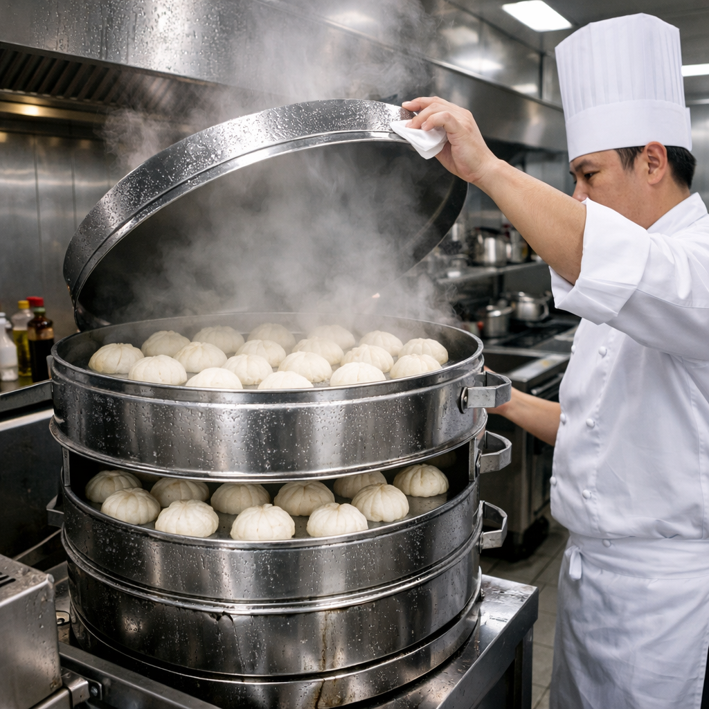 Commercial kitchen scene showing a chef steaming frozen Chinese buns in a large stainless steel steamer, photo style, shot with 35mm wide-angle lens, bright commercial kitchen lighting, modern professional kitchen environment, multiple tiers of steaming buns visible, steam condensation on metal surfaces, chef wearing white uniform, clean and hygienic workspace, rule of thirds composition, high contrast