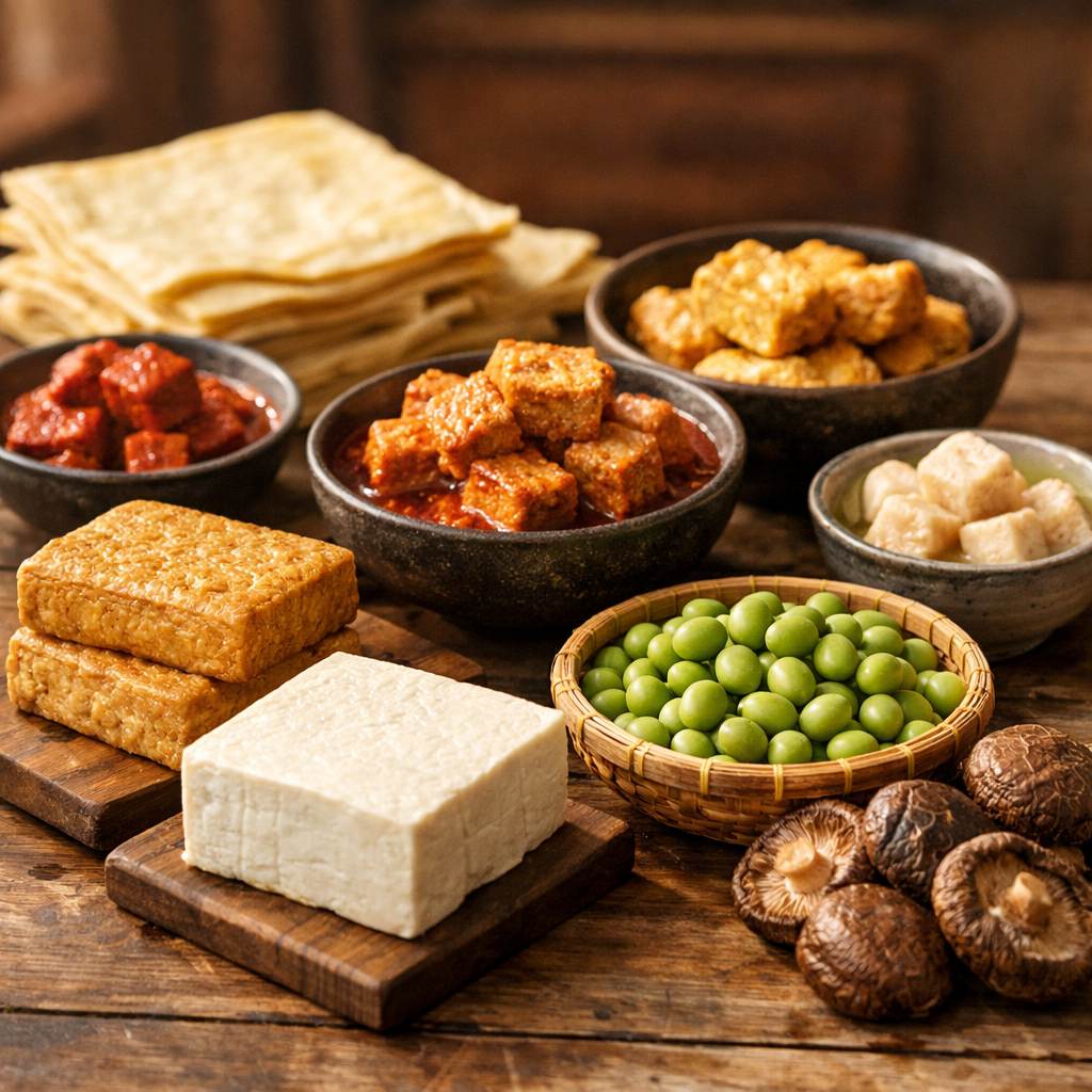 A photo style image showing traditional Chinese plant-based ingredients arranged on a rustic wooden table, including blocks of artisanal tofu in various textures, dried tofu sheets, fermented tofu in small ceramic bowls, fresh soybeans, wheat gluten, and shiitake mushrooms, shot with 50mm lens, f/2.8, natural morning lighting from the side, shallow depth of field, warm tones, highly detailed textures showing the craftsmanship of traditional food preparation