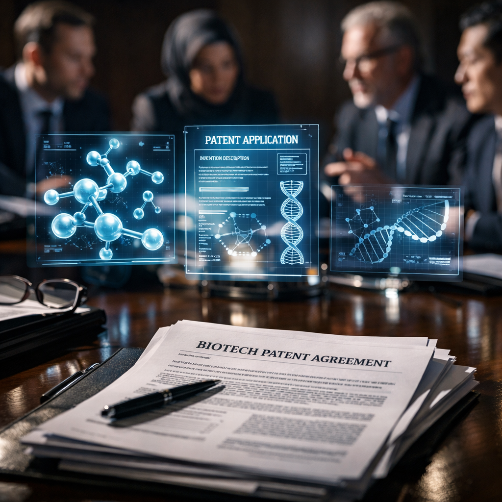 A dramatic courtroom scene showing international lawyers reviewing complex biotechnology contracts, with holographic displays of molecular structures and patent documents floating above a polished conference table, shot with 50mm lens, f/2.8, dramatic side lighting casting strong shadows, highly detailed photo style, professional business photography, sharp focus on contract documents in foreground with blurred figures in background creating depth