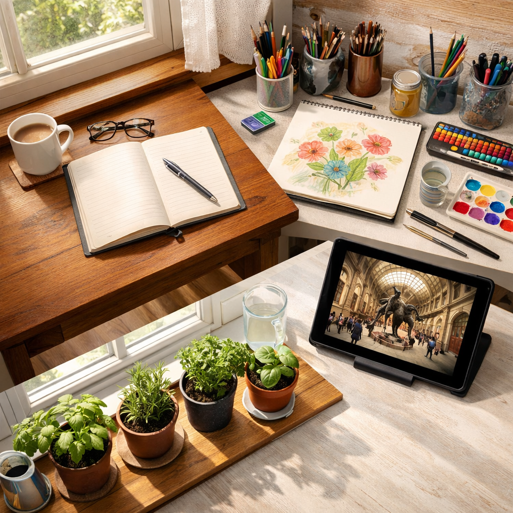 An overhead view of a senior's daily activity setup showing a neat, organized space with different stations: a journal and pen on a wooden desk near a window with morning light, colorful art supplies and a sketchpad on a craft table, a tablet displaying a virtual museum tour, and fresh herbs growing in small pots on a sunny windowsill. The composition shows variety and balance, shot with wide-angle lens, natural daylight, f/4, clean and inspiring arrangement, photo style, realistic home interior.
