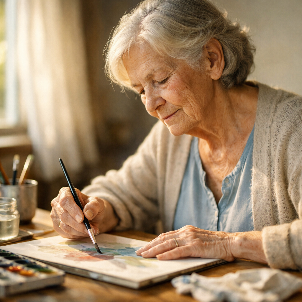 A serene elderly woman in her 70s completely absorbed in watercolor painting at a sunlit wooden table, soft natural window light illuminating her focused expression, her wrinkled hands confidently holding a brush mid-stroke on canvas, warm afternoon glow, shallow depth of field, shot with 50mm lens at f/2.8, photo style
