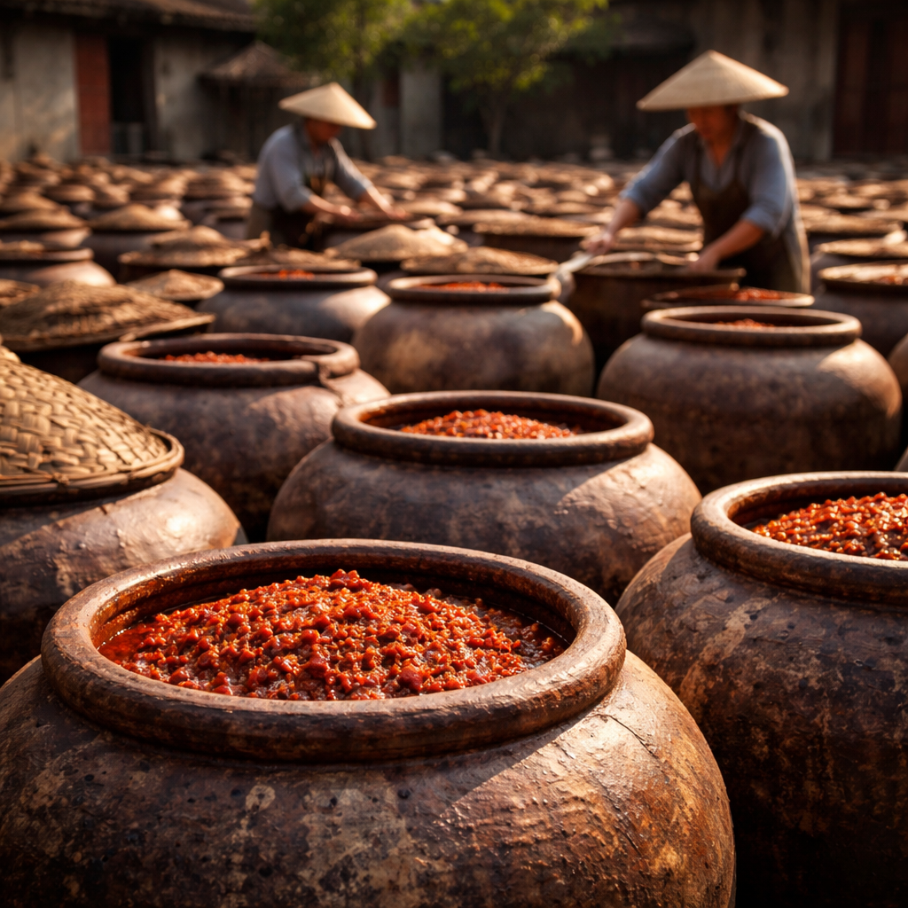 A photo style image of traditional Chinese sauce production facility, showing massive earthen fermentation jars arranged in rows under natural sunlight, with rich reddish-brown chili paste visible in the jars, workers in the background wearing traditional clothing, shot with 50mm lens, natural warm lighting, shallow depth of field, highly detailed texture of aged ceramic jars