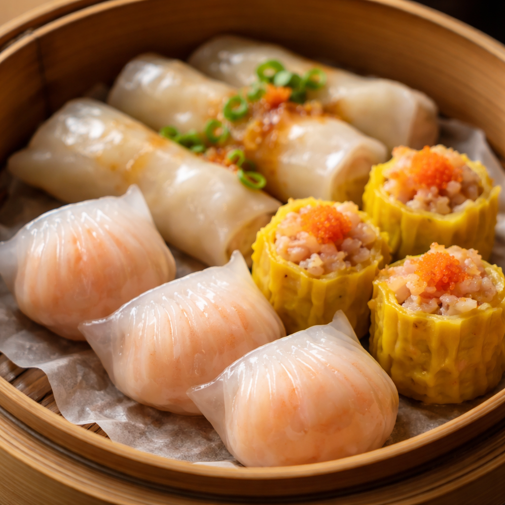 A close-up photo of authentic Chinese dim sum arrangement on a traditional bamboo steamer, showing translucent har gow dumplings with visible shrimp filling through delicate pleated wrappers, yellow siu mai with open tops, and silky rice noodle rolls, shot with 50mm lens, f/2.8 aperture, natural lighting from above, high detail, shallow depth of field, warm tones, photo style