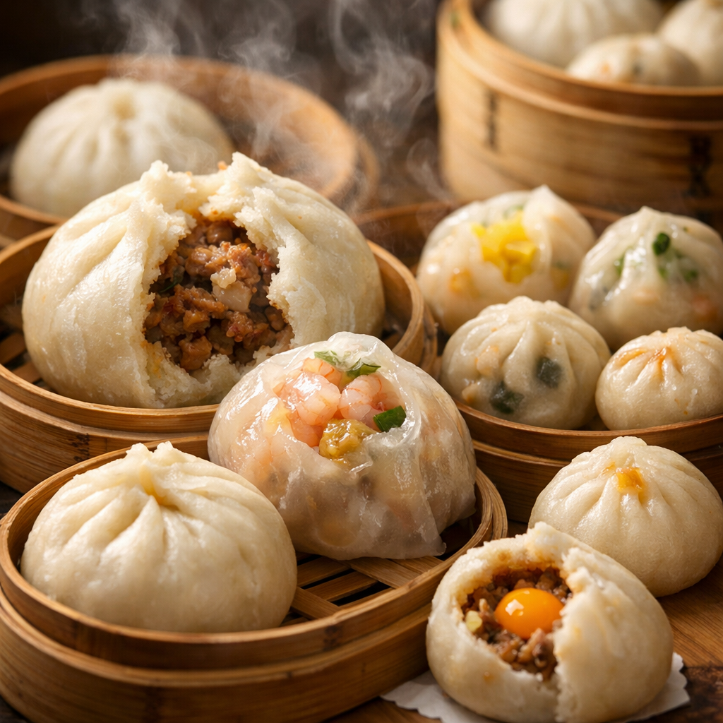 A professional food photography shot of assorted Chinese steamed buns (baozi) and dim sum arranged on traditional bamboo steamers, photo style, shot with 50mm lens at f/2.8, natural lighting from above, shallow depth of field, white steam rising, showing various sizes from large 80g baozi to mini 30g buns, different fillings visible through semi-transparent dough, warm tones, highly detailed texture of fluffy dough