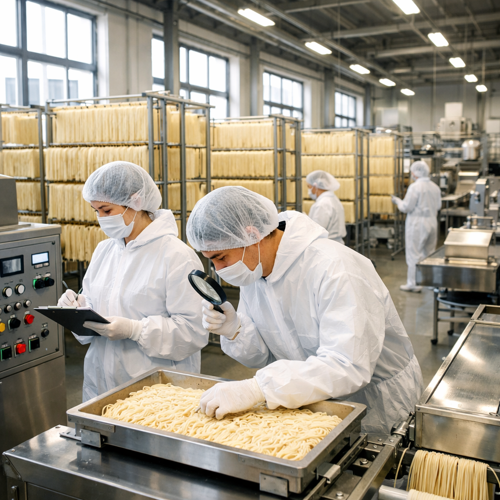 A modern Chinese noodle manufacturing facility with stainless steel equipment and workers in white hygiene suits inspecting quality control stations. Rows of fresh noodles hanging on drying racks in the background, bright industrial lighting, clean and organized production floor, shot with 35mm lens, natural lighting through large windows, professional industrial photography style