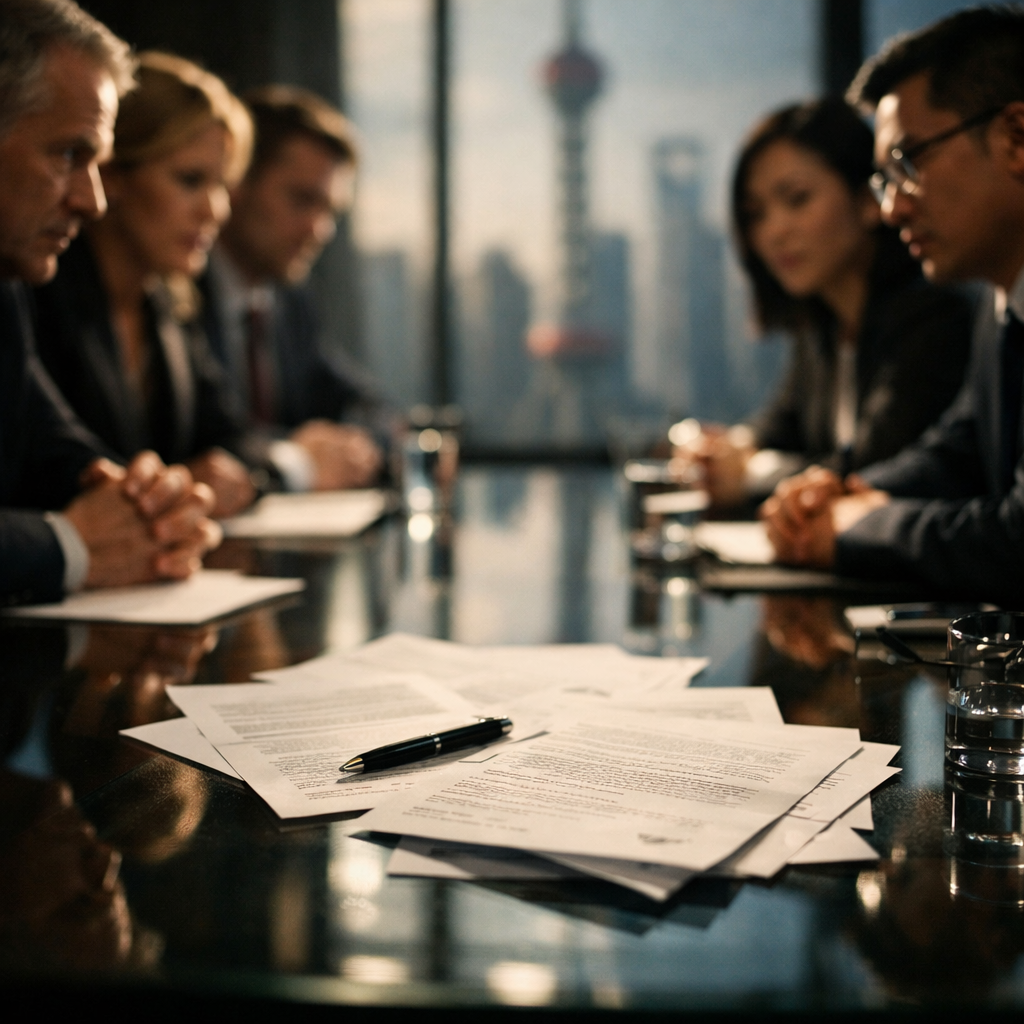 A tense business meeting scene in a modern Shanghai conference room, with Western executives on one side and Chinese businesspeople on the other side of a glass table, legal documents spread between them, dramatic side lighting creating shadows, shot with 50mm lens at f/2.8, shallow depth of field emphasizing the documents, professional photography style, high contrast, cinematic lighting