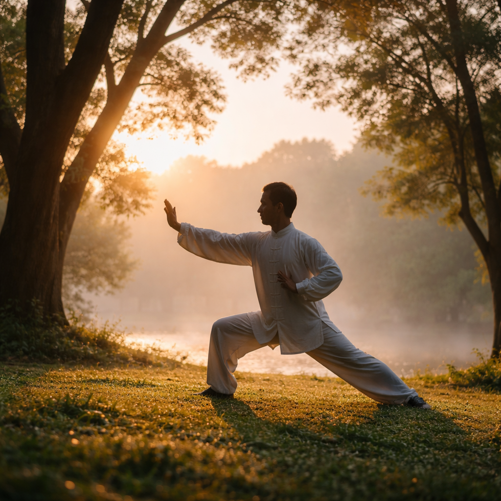 A serene photo of a person doing tai chi at sunrise in a tranquil park, soft morning light filtering through trees, balanced composition with the figure in harmony with nature, shot with 50mm lens, f/2.8, natural lighting, peaceful atmosphere, photo style