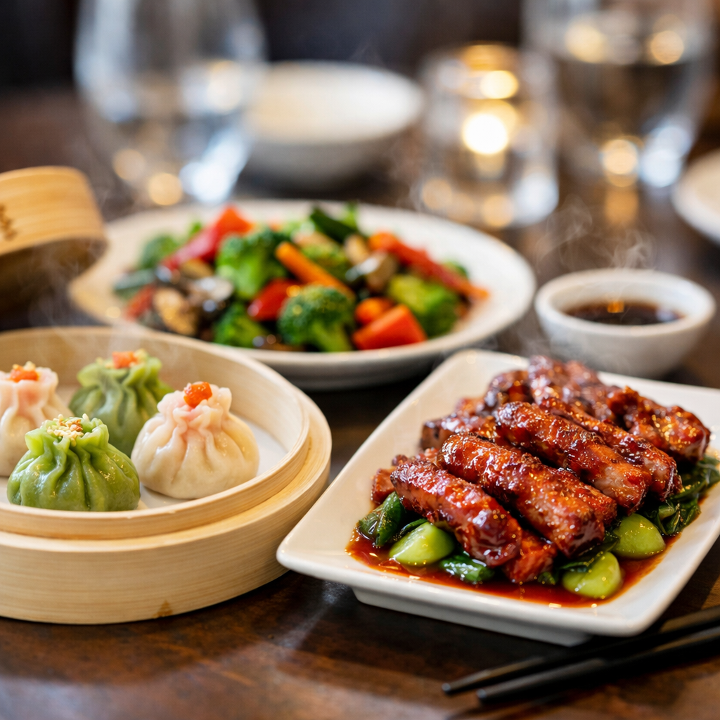 A photo style image of an elegant modern restaurant table setting featuring beautifully plated plant-based Chinese dishes including delicate dumplings, colorful stir-fried vegetables, and textured plant-based char siu, presented on white ceramic plates with chopsticks, shot with 85mm lens, f/2.8, soft diffused lighting from above, shallow depth of field creating bokeh effect in background, professional food photography style, vibrant colors, highly detailed with visible steam rising from hot dishes
