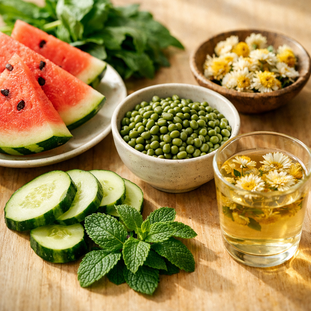 A beautifully arranged flat lay composition of cooling TCM foods and ingredients on a light wooden surface, featuring fresh watermelon slices, cucumber, leafy greens, mung beans in a ceramic bowl, dried chrysanthemum flowers, fresh mint leaves, and a glass of chrysanthemum tea, natural window lighting creating soft shadows, shot with 50mm lens at f/2.8 for shallow depth of field, warm and inviting food photography style