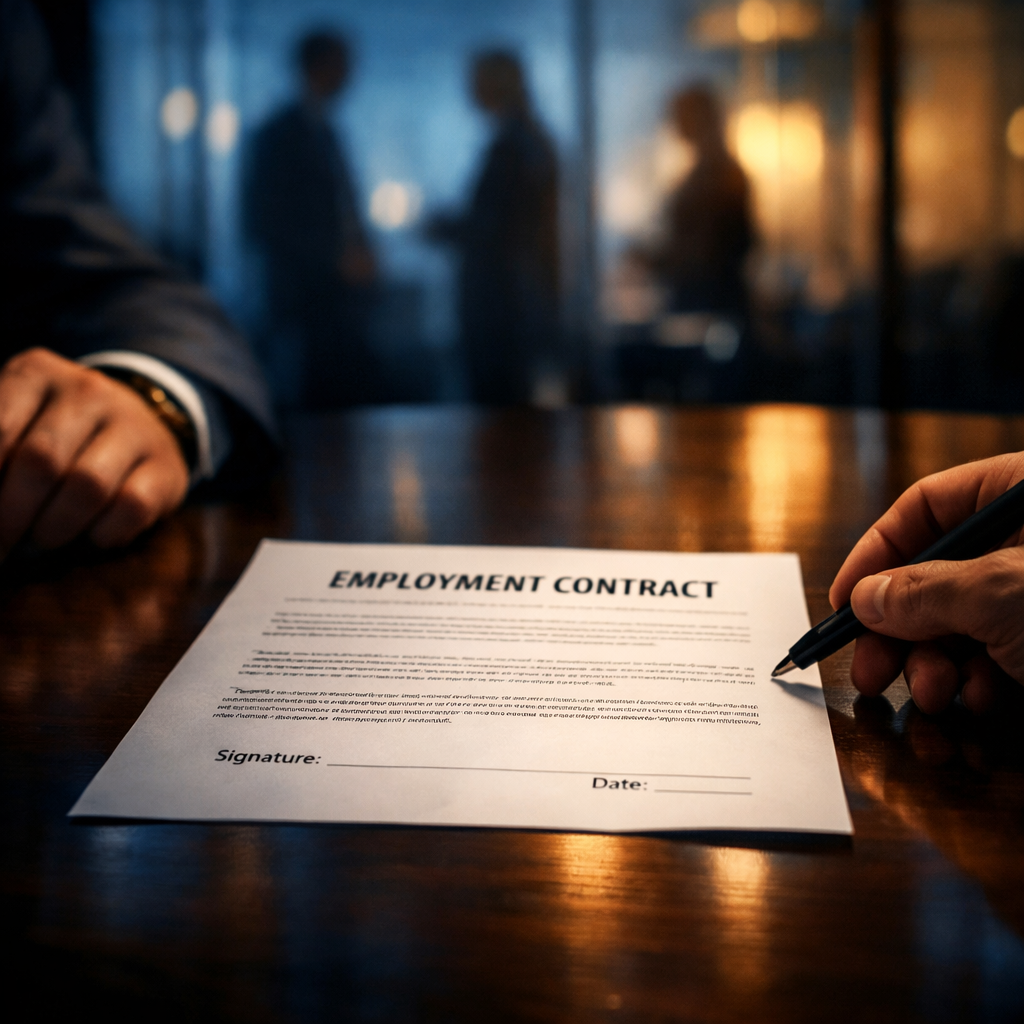 A dramatic business photograph showing a close-up of a corporate executive's hands at a polished conference table, with an unsigned employment contract document prominently displayed in the center. The lighting is dramatic and moody, with strong shadows emphasizing the empty signature line. In the soft-focus background, blurred figures of business people can be seen through glass walls. Shot with 50mm lens at f/2.8 for shallow depth of field, creating a sense of tension and urgency. The color palette features deep blues and warm amber tones from office lighting, with high contrast emphasizing the critical nature of the unsigned document.