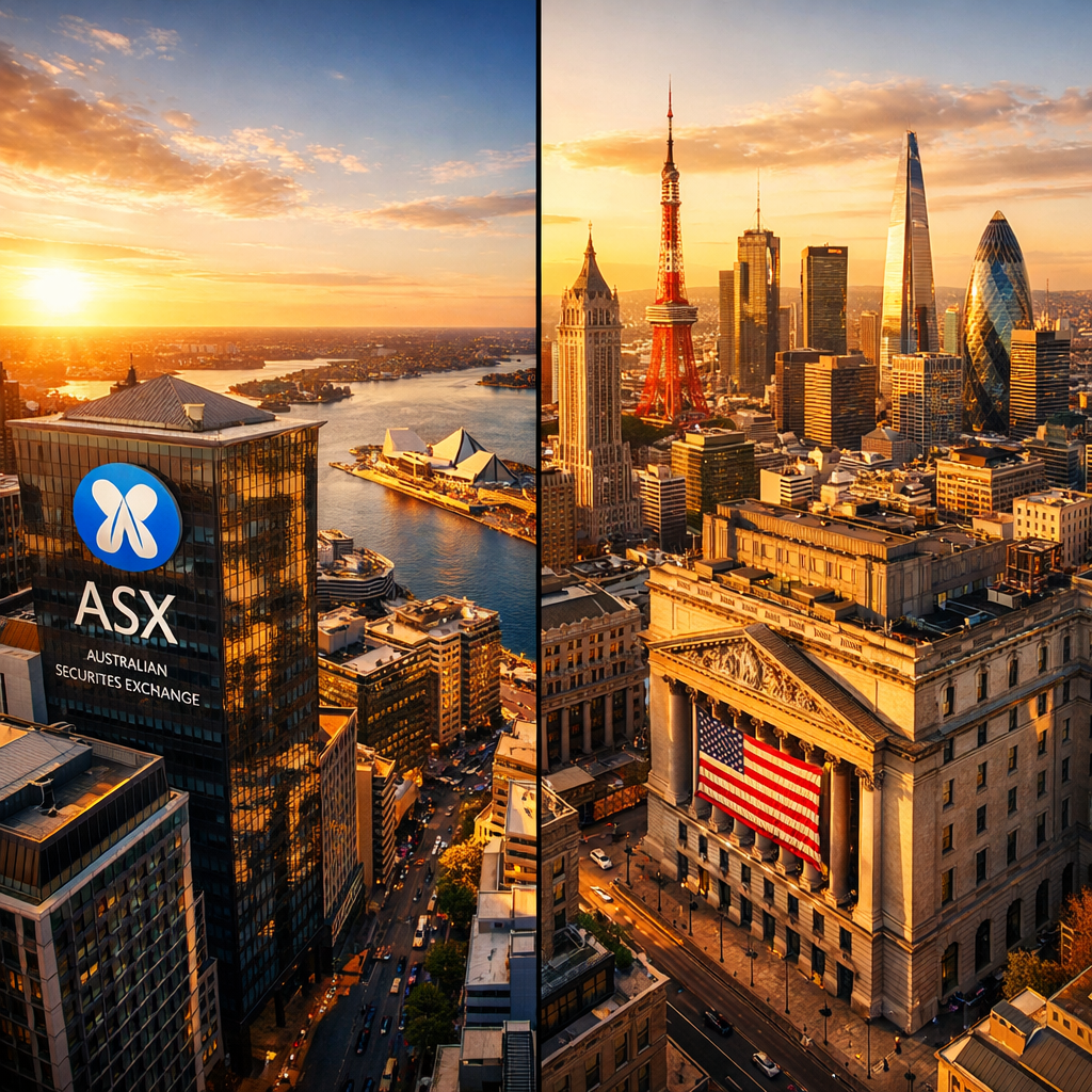 Split composition showing Australian stock exchange building on left side and diverse international landmarks (New York Stock Exchange, Tokyo financial district, London City) on right side, golden hour lighting, aerial perspective, shot with wide-angle lens, high contrast, symbolic representation of global diversification, architectural photography style