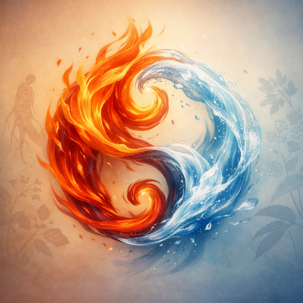A serene visualization of Traditional Chinese Medicine concept showing balanced Yin and Yang energies, featuring flowing red and orange flames representing Yang fire energy intertwining with cool blue water streams representing Yin cooling energy, set against a soft gradient background with subtle ancient Chinese medicinal herb silhouettes, shot in artistic style with soft lighting and harmonious composition