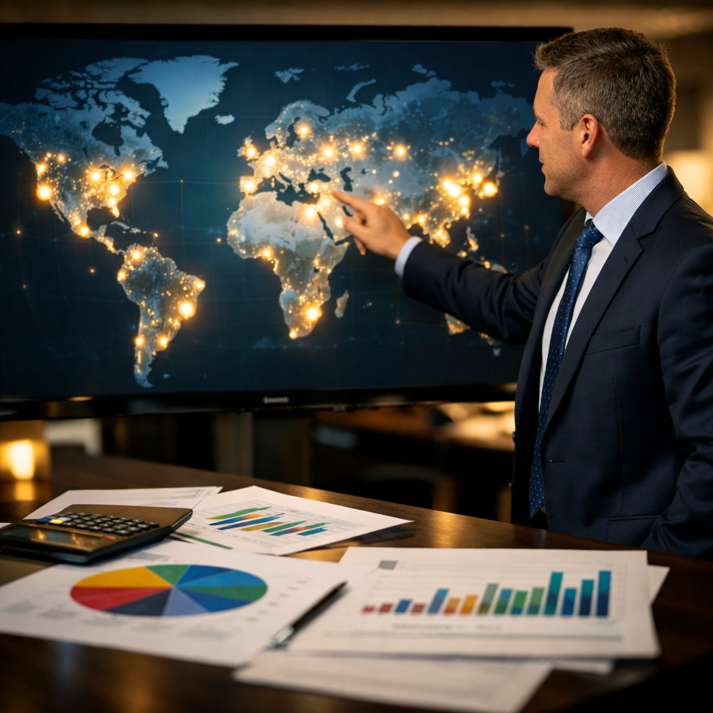 A professional financial advisor pointing at a large illuminated world map with glowing investment nodes across different continents, modern office setting, diverse portfolio charts on desk, warm ambient lighting, shot with 35mm lens, shallow depth of field, business photography style