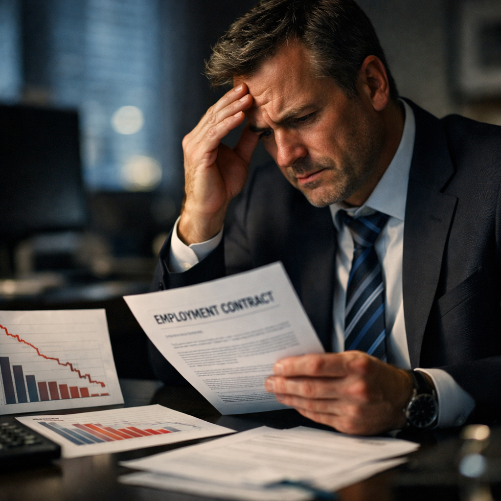 A stressed business executive in a modern office reviewing employment documents with visible concern, dramatic side lighting casting shadows, financial charts showing declining numbers on desk, shallow depth of field shot with 50mm lens at f/2.8, professional photography style