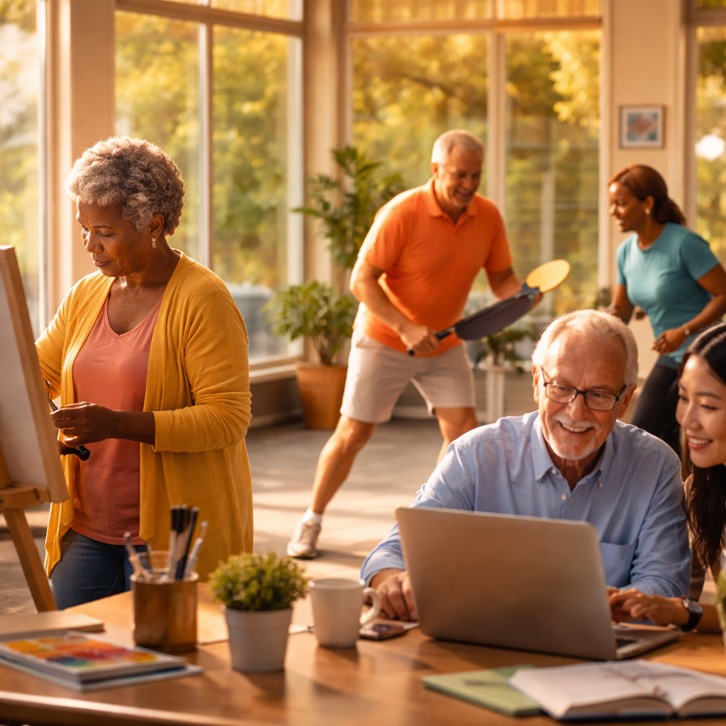 A vibrant morning scene showing diverse seniors engaged in various activities - one painting at an easel, another playing pickleball, and a third working on a laptop with a young person nearby, all in a bright community center with large windows letting in natural light, shot with 50mm lens, f/2.8, warm golden hour lighting, photo style
