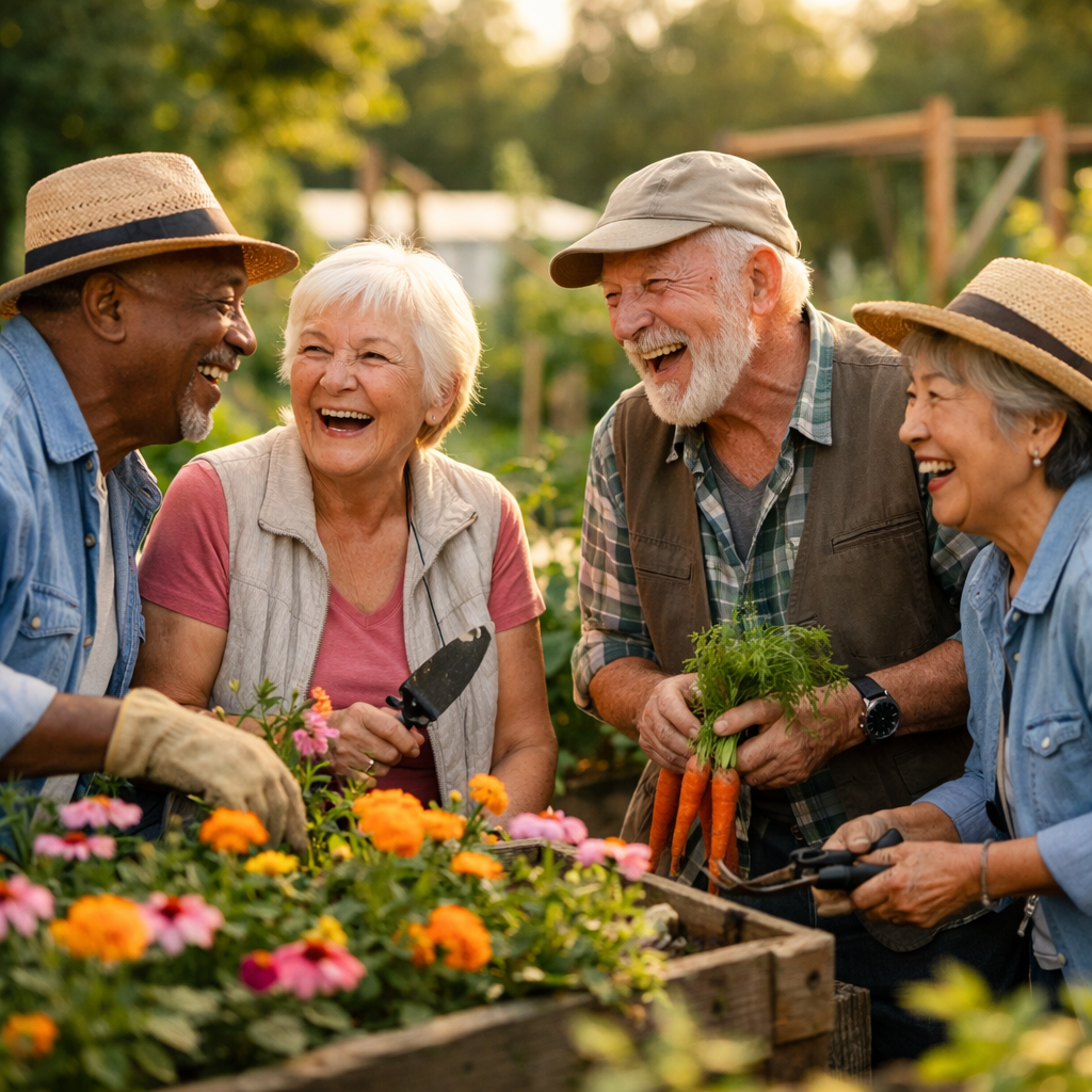 A vibrant community garden scene in golden afternoon light, diverse group of seniors laughing together while tending colorful flower beds and vegetable plots, warm natural lighting, shot with 50mm lens, shallow depth of field, photo style, genuine smiles and authentic interactions, lush greenery in background