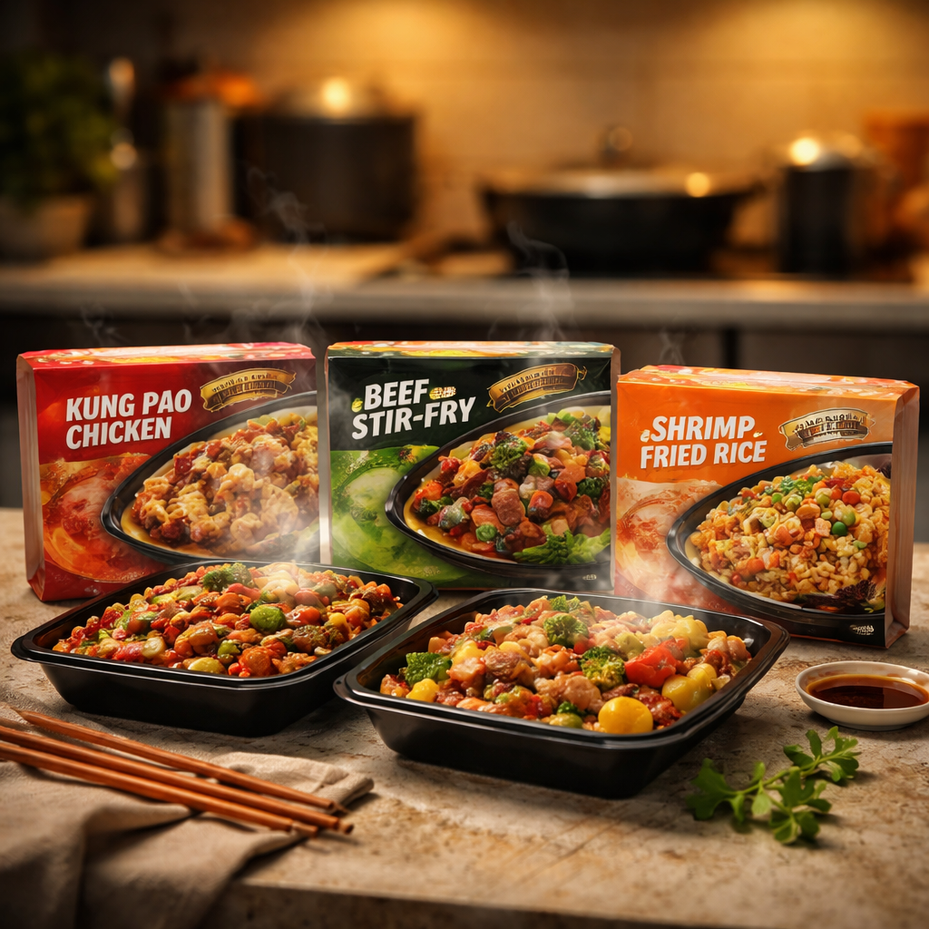 A modern kitchen counter with steaming Chinese ready-to-cook meal packages, shot with 50mm lens, f/2.8, warm evening lighting, highly detailed food photography, shallow depth of field, bokeh effect in background showing blurred kitchen appliances, professional DSLR camera, photo style