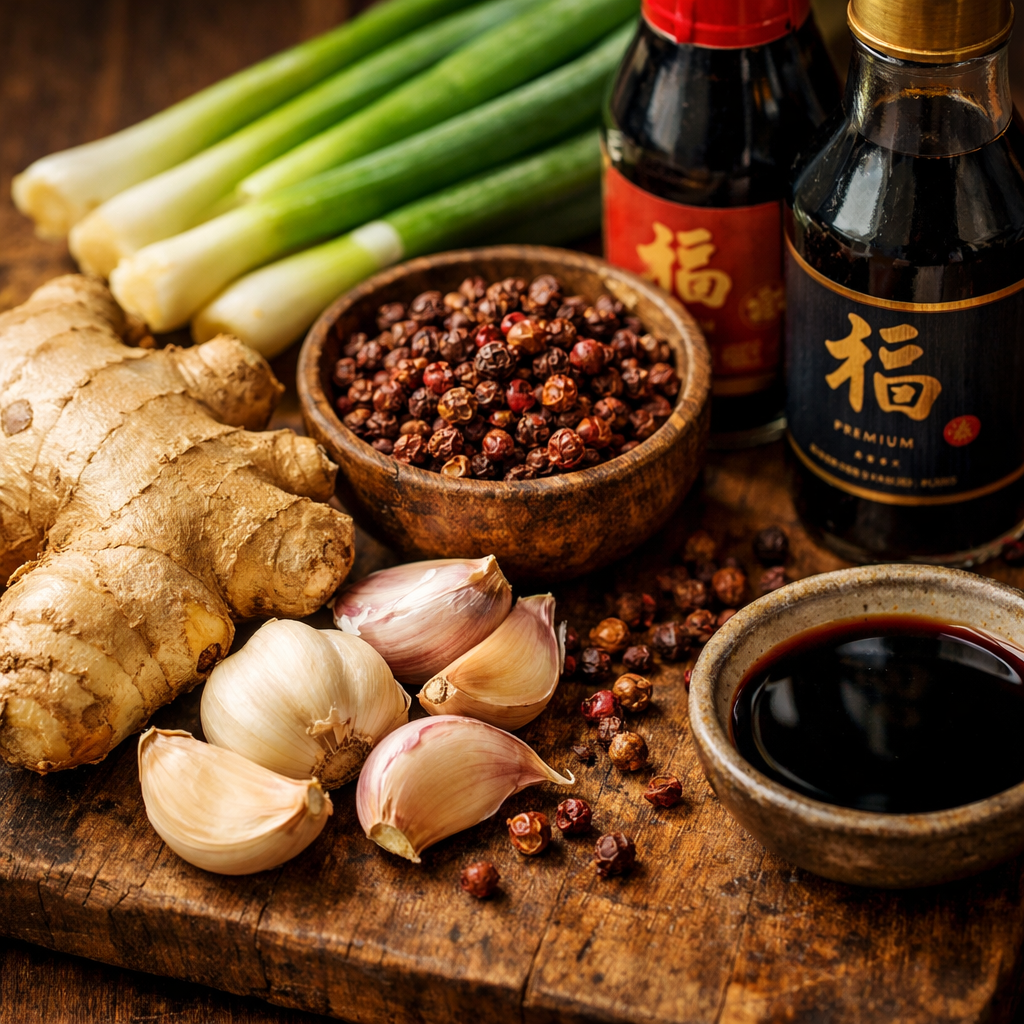 Close-up of authentic Chinese ingredients including fresh ginger root, garlic cloves, scallions, Sichuan peppercorns, and premium soy sauce bottles arranged on traditional wooden board, natural lighting from above, macro lens, f/2.8, highly detailed textures, warm tones, rustic food photography, photo style