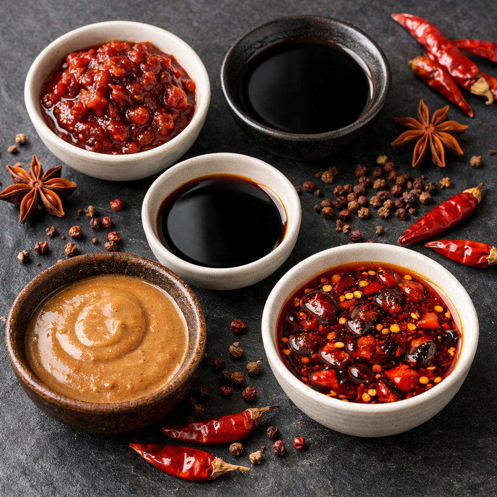 A photo-style overhead flat lay composition showing an array of authentic Chinese condiments and fermented sauces arranged on a dark slate surface. Include small ceramic bowls containing Pixian doubanjiang (broad bean paste with visible red color), dark soy sauce, light soy sauce, sesame paste, and chili oil with floating red peppers and spices. Background includes scattered star anise, dried red chilies, and Sichuan peppercorns. Shot with natural lighting from the side, creating subtle shadows and highlighting the rich, glossy textures of the sauces. Canon DSLR camera with 50mm lens, f/4 aperture for balanced depth of field. Warm color tones emphasizing the authentic reddish-brown and deep amber hues of traditional fermented products.