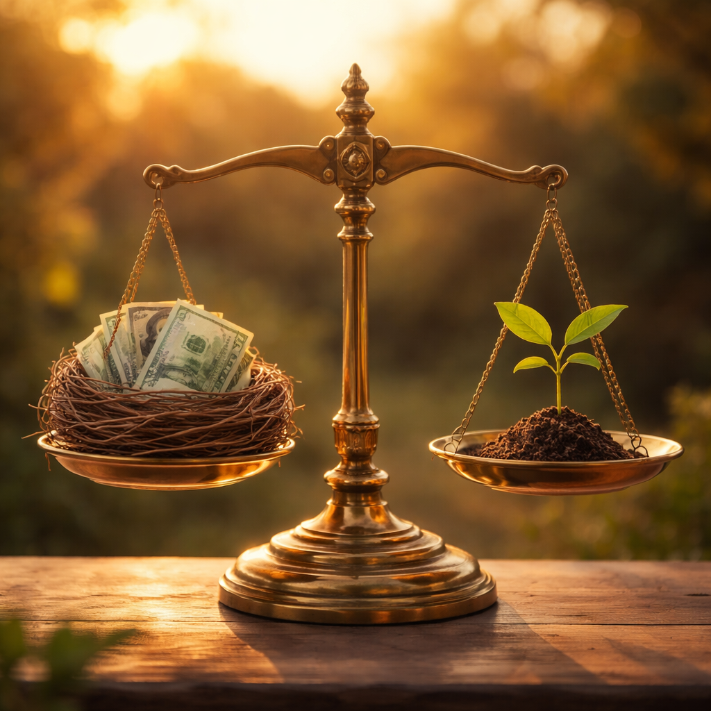 A serene photo of a balanced scale in golden hour lighting, with one side holding a nest made of Australian dollar bills and the other side holding a small growing plant, symbolizing the balance between capital protection and growth. Shot with 50mm lens, f/2.8, shallow depth of field, warm tones, natural lighting, highly detailed, photo style.