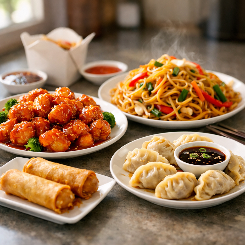 A vibrant, appetizing photo of popular Chinese takeout dishes artfully arranged on a modern kitchen counter. Include orange chicken with glossy sauce, steaming chow mein noodles with colorful vegetables, golden spring rolls, and dumplings on elegant white plates. Shot with 50mm lens, f/2.8, natural window lighting creating warm tones and shallow depth of field. High-end food photography style with rich colors and sharp details.