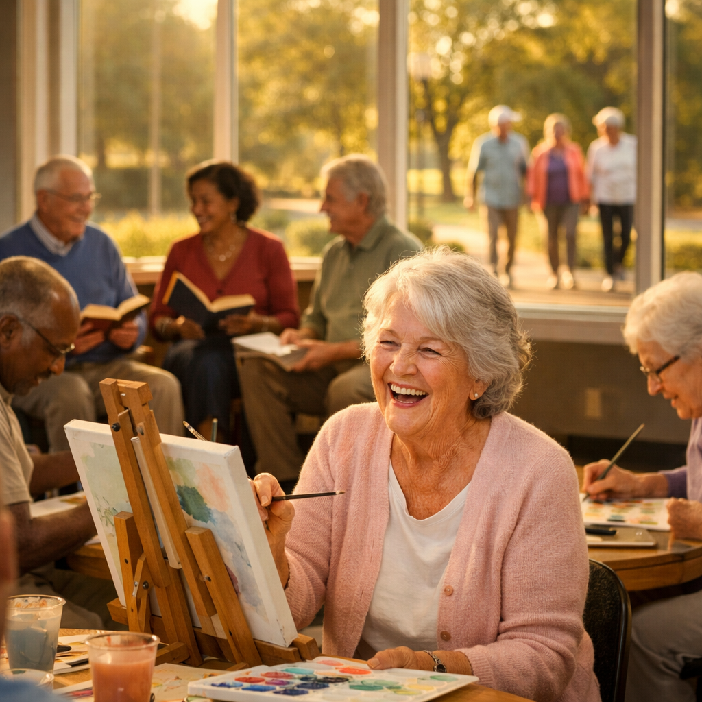 A warm and inviting scene showing diverse seniors engaged in various group activities in a bright community center. In the foreground, an elderly woman with silver hair is laughing while painting at an easel, surrounded by other seniors doing watercolors. In the middle ground, another group sits in a circle with books, engaged in animated discussion. Through large windows in the background, a walking group can be seen on a tree-lined path. The atmosphere is filled with natural lighting, genuine smiles, and a sense of connection. Shot with 50mm lens, f/2.8, warm golden hour lighting, photo style.