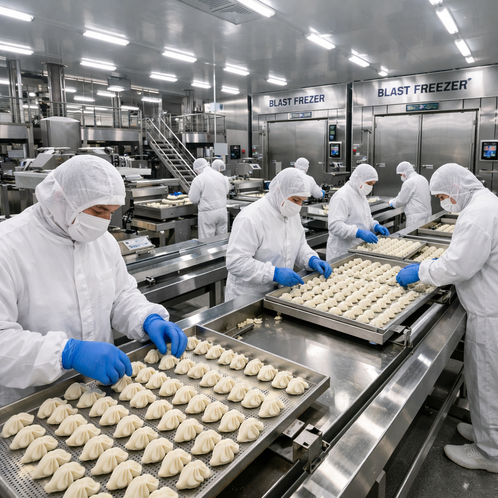 A modern Chinese food processing facility with stainless steel production lines, workers in white hygiene suits and hairnets preparing frozen dumplings, industrial blast freezers visible in background, bright LED lighting, clean room environment, shot with wide-angle lens, professional industrial photography style, highly detailed