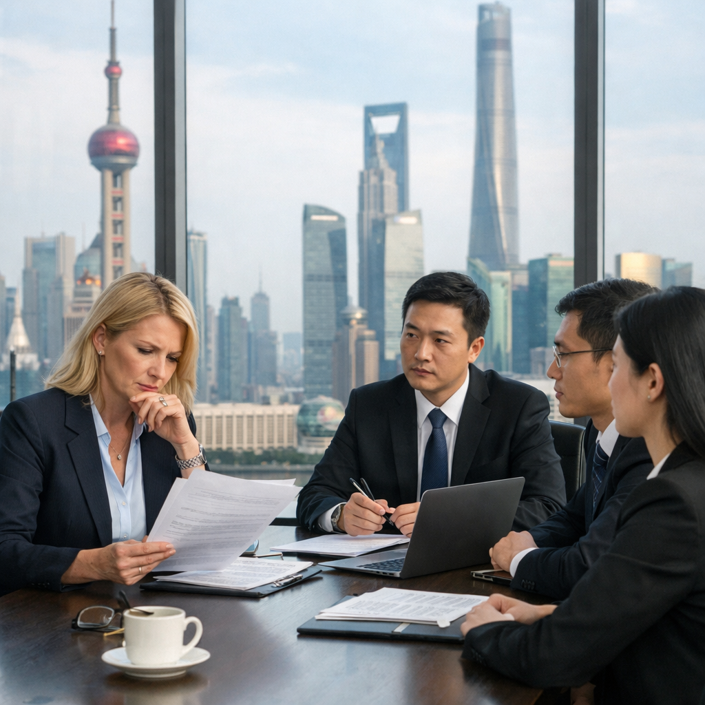 A professional business meeting scene in a modern Shanghai office, showing a Western HR manager looking concerned while reviewing legal documents across from Chinese legal advisors. The background shows the Shanghai skyline through floor-to-ceiling windows. Photo style, shot with 50mm lens, natural office lighting, business professional atmosphere, highly detailed, corporate setting.