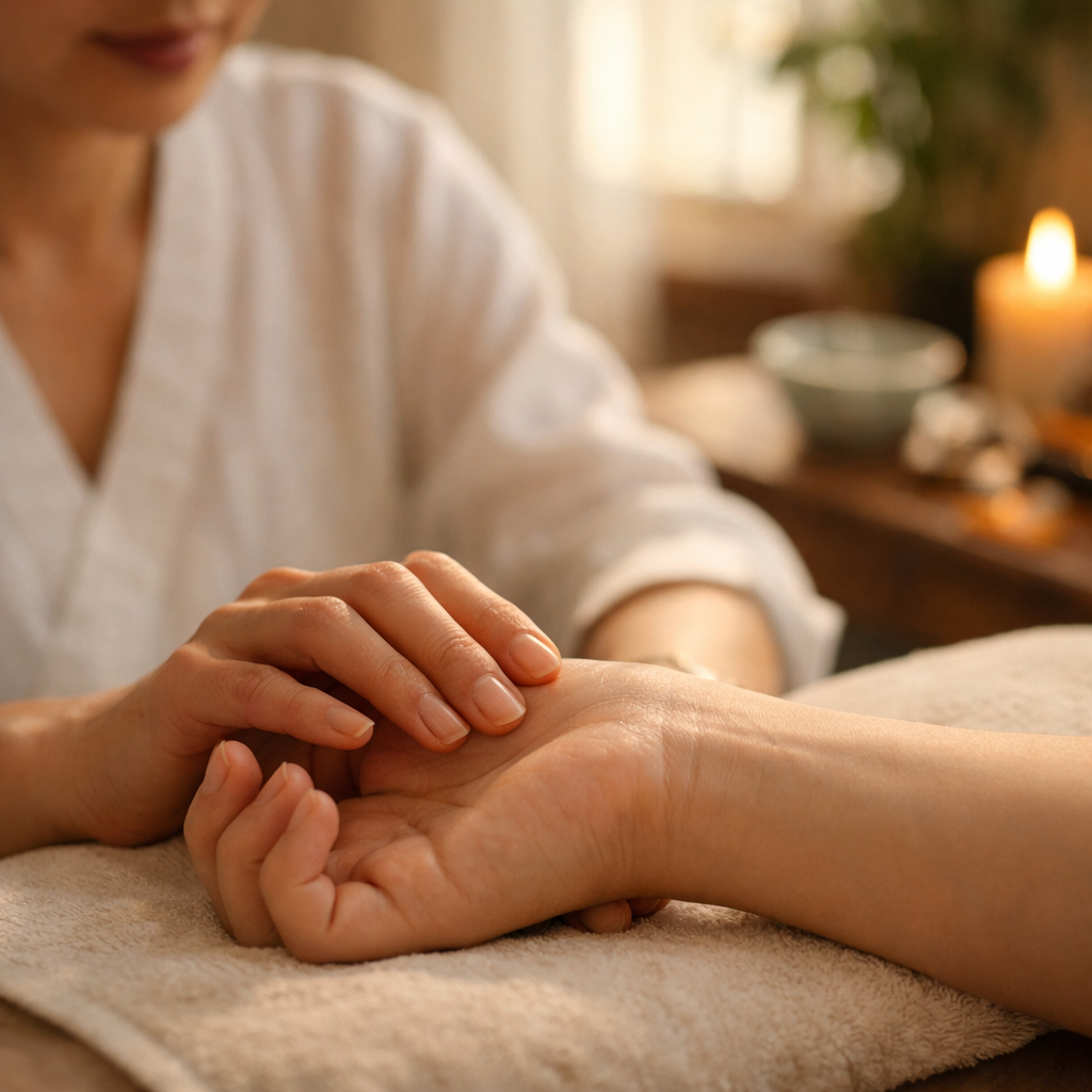 A serene photo of an acupuncturist performing pulse diagnosis on a patient's wrist in a softly lit treatment room, shot with 50mm lens at f/2.8, warm natural lighting filtering through window, shallow depth of field focusing on the practitioner's fingers gently placed on the patient's radial pulse, Canon EOS R5, photo style, highly detailed, peaceful atmosphere