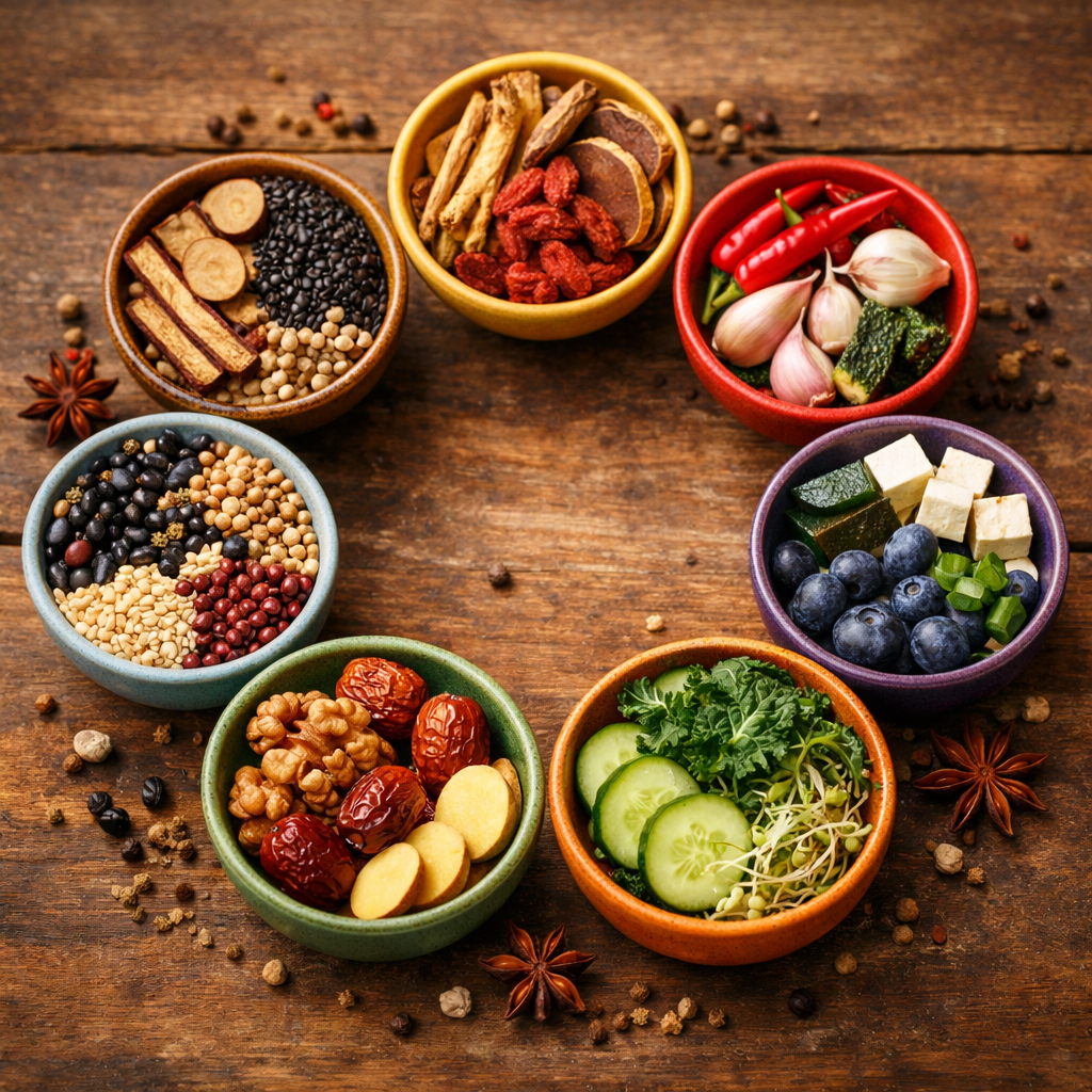 An artistic overhead photo of eight different colored bowls arranged in a circular pattern, each containing different herbs, foods, and natural ingredients representing the eight body constitutions, shot with macro lens at f/4, soft diffused lighting, vibrant colors with warm tones, DSLR camera, photo style, intricate details of textures, shallow depth of field, centered composition