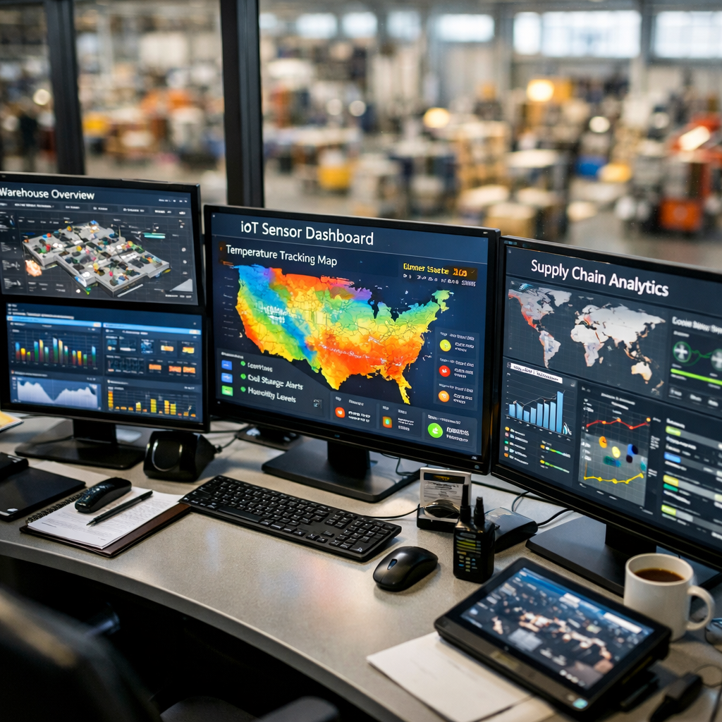 A photo style aerial view of a modern warehouse control room with multiple large monitors displaying real-time logistics data, IoT sensor dashboards showing temperature tracking maps, and supply chain analytics, shot with 35mm lens, natural lighting through large windows, professional workspace photography, high contrast, clean and organized environment, bokeh effect on background elements, highly detailed screens and equipment