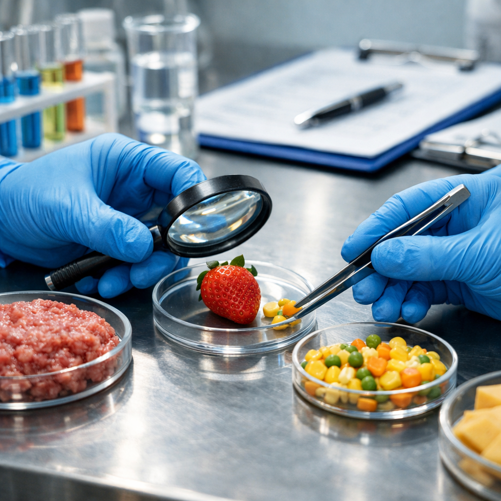 Close-up of hands in blue protective gloves carefully inspecting food samples on a stainless steel laboratory table, with testing equipment and documentation clipboards in background, bright clinical lighting, macro lens, f/2.8, highly detailed, photo style
