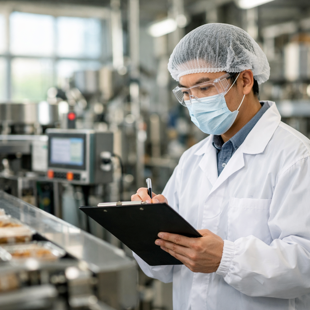 A professional food safety auditor in protective gear examining production lines in a modern Chinese food processing facility, with stainless steel equipment and quality control stations visible, natural lighting from large windows, shot with 50mm lens, shallow depth of field, high detail, photo style