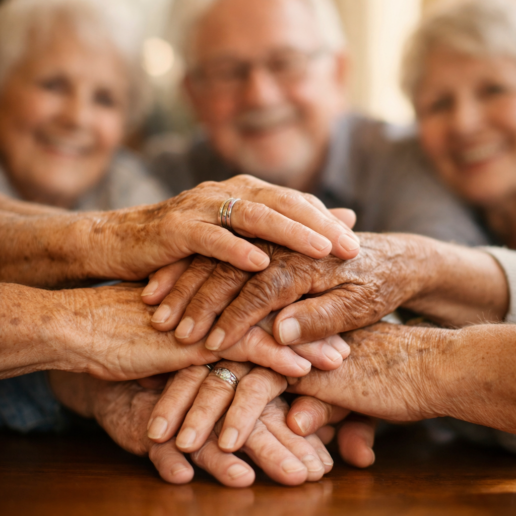 Close-up photo of elderly hands from different people coming together in the center of a circle, layered on top of each other in a gesture of unity and friendship. The hands show age spots, wedding rings, and character, representing diverse backgrounds. Soft natural window lighting creates a warm glow. In the soft-focus background, blurred figures of seniors can be seen smiling. Shallow depth of field with f/2.8, intimate composition, shot with 85mm lens, photo style with warm tones and gentle bokeh effect.