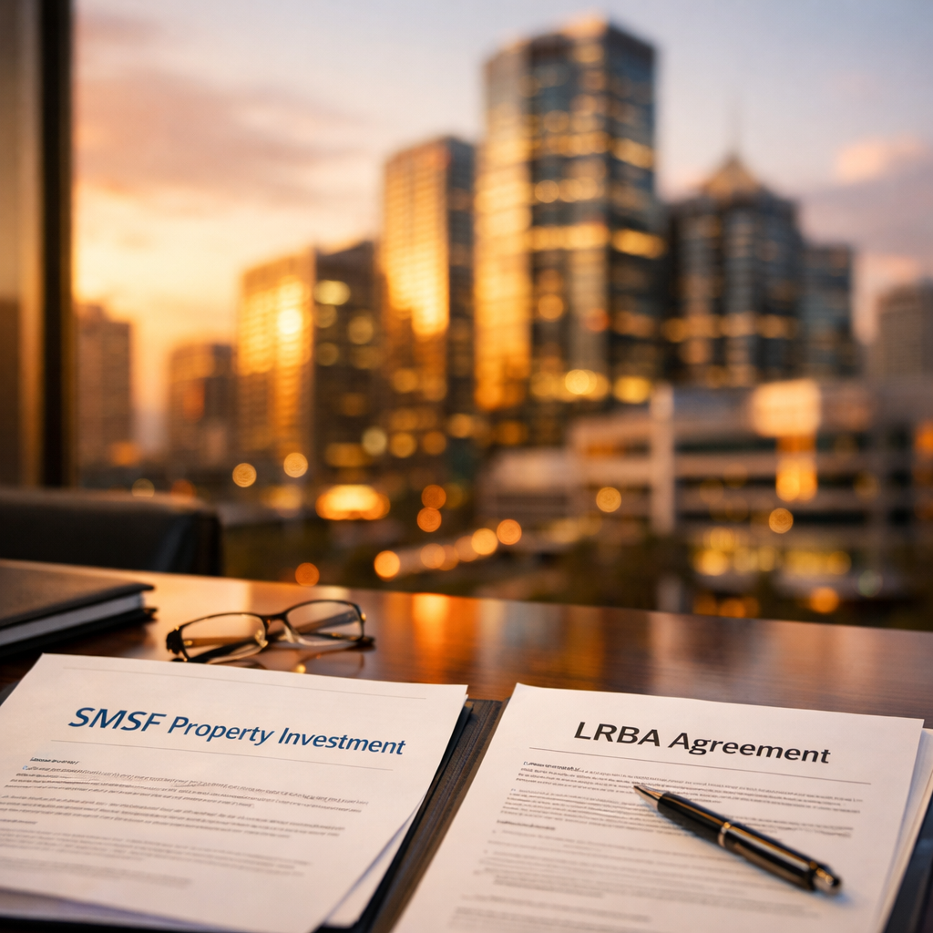 A modern Australian financial district office building with glass facades reflecting sunset light, shot with 50mm lens, f/2.8 aperture, shallow depth of field. In the foreground, a polished conference table displays open documents labeled 'SMSF Property Investment' and 'LRBA Agreement'. Natural warm lighting creates a professional atmosphere. Photo style, highly detailed, business photography aesthetic.