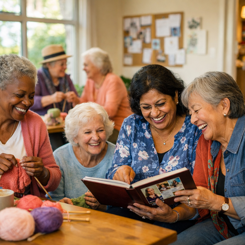 A warm community scene showing diverse senior women gathered in a bright community center room, some knitting together, others looking at photo albums, laughing and chatting, natural window lighting, shot with 35mm lens, candid photo style, welcoming and joyful atmosphere