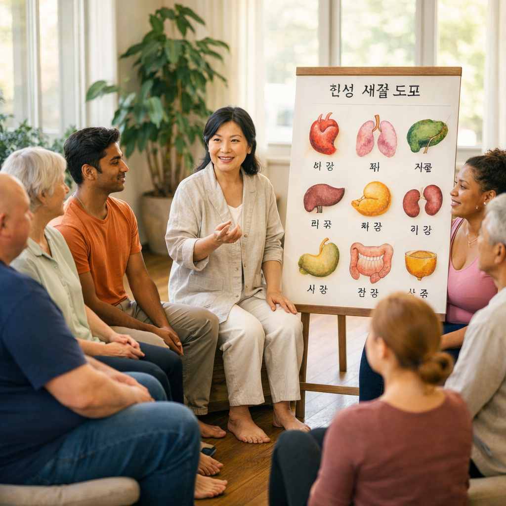 A serene wellness consultation scene showing eight diverse individuals seated in a circle in a bright, natural-lit room with wooden floors and indoor plants. Each person displays unique physical characteristics representing different body constitutions. In the center, a practitioner gestures toward a traditional Korean medicine chart showing eight organ systems illustrated in watercolor style. The atmosphere is warm and inviting with soft morning light streaming through large windows. Shot with 50mm lens, f/2.8, natural lighting, photo style.