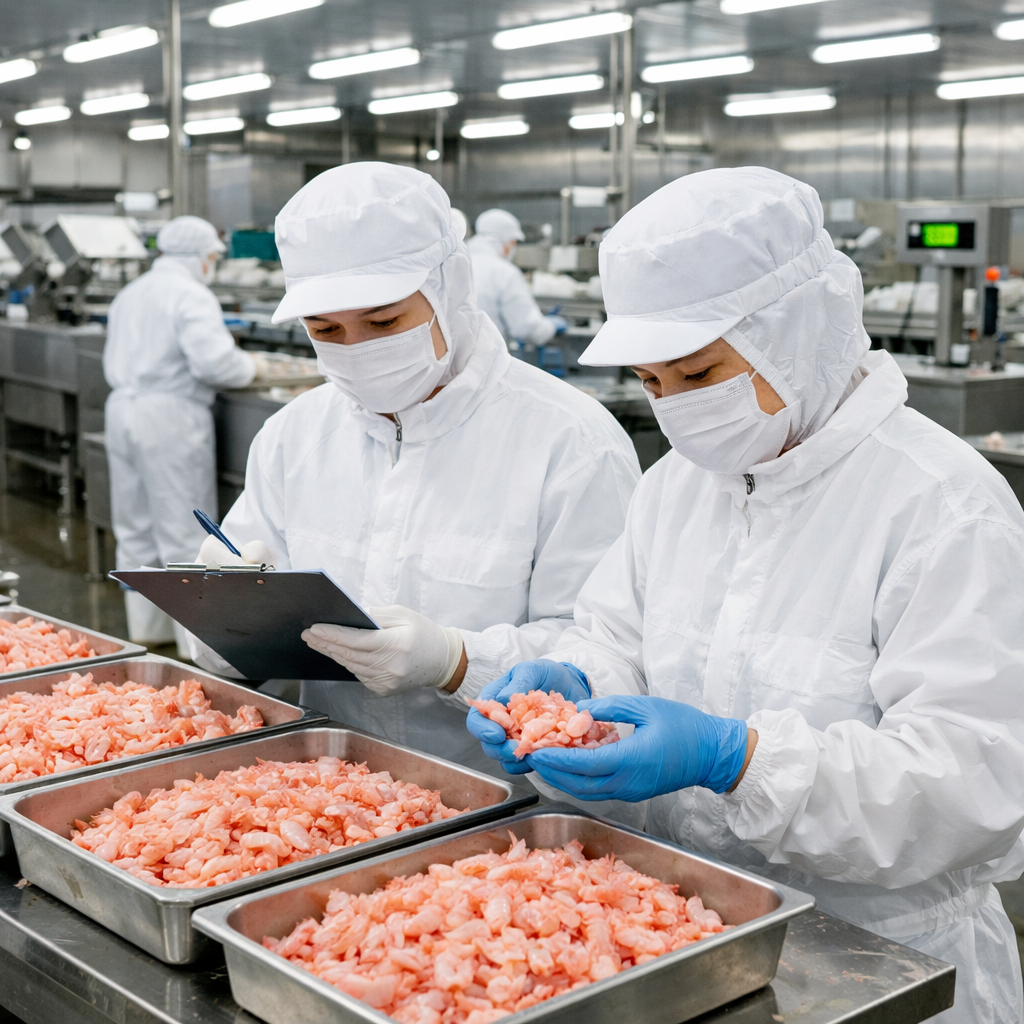 A modern Chinese seafood processing facility with stainless steel equipment and workers in white protective gear conducting quality inspection, bright fluorescent lighting, clean industrial environment, shot with 35mm lens, photo style, high detail