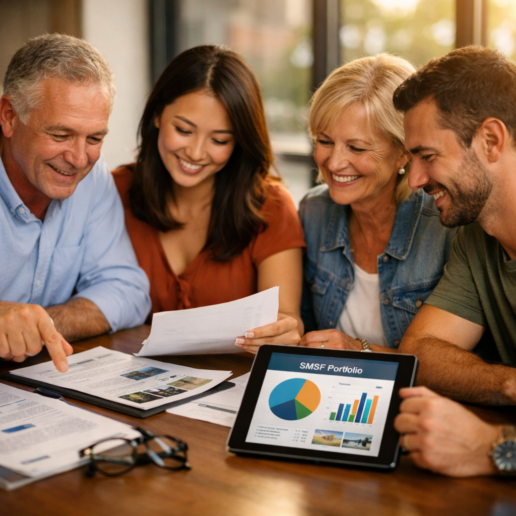 A diverse group of everyday Australian investors reviewing property investment documents together at a modern office table, with digital tablets showing SMSF portfolio charts and property listings, warm natural lighting streaming through large windows, professional yet approachable atmosphere, photo style, shot with 35mm lens, f/2.8, shallow depth of field