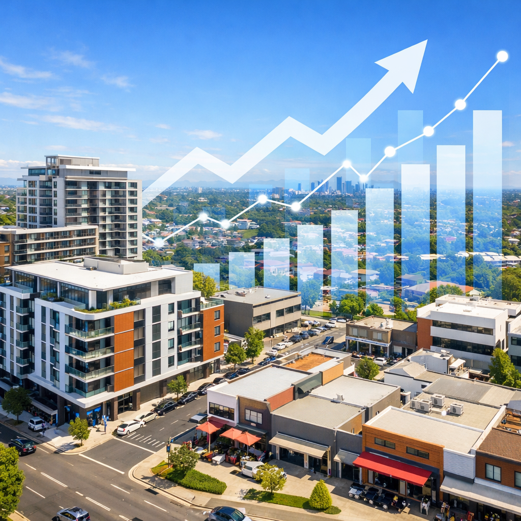 Modern Australian residential and commercial properties arranged in a visually appealing composition, including apartment buildings and small business premises, with financial growth graphs and upward trending arrows overlaid transparently, bright daylight, aerial three-quarter view, vibrant and optimistic colors, photo style, shot with wide-angle lens, high detail, sharp focus