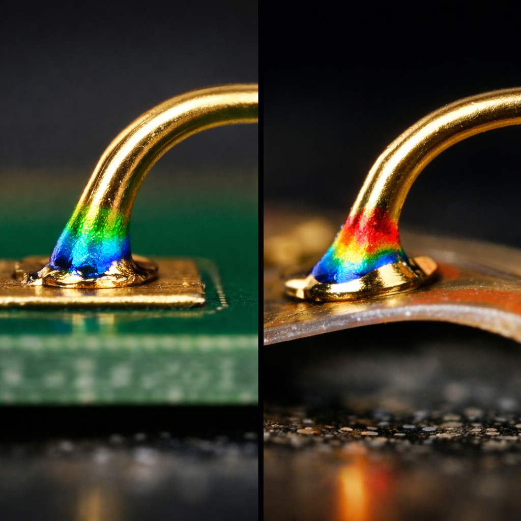 A side-by-side comparison showing two wire bond configurations under stress: on the left, a wire bond on a rigid PCB substrate showing minimal deflection during thermal cycling; on the right, the same wire bond on a flexible substrate showing visible substrate bending and stress concentration at the bond heel area. The image illustrates the differential thermal expansion and mechanical flexing effects through color-coded stress mapping overlays (blue for low stress, red for high stress). Technical photography style with macro lens, shallow depth of field focusing on the bond heel regions, professional lighting to highlight the material deformation.