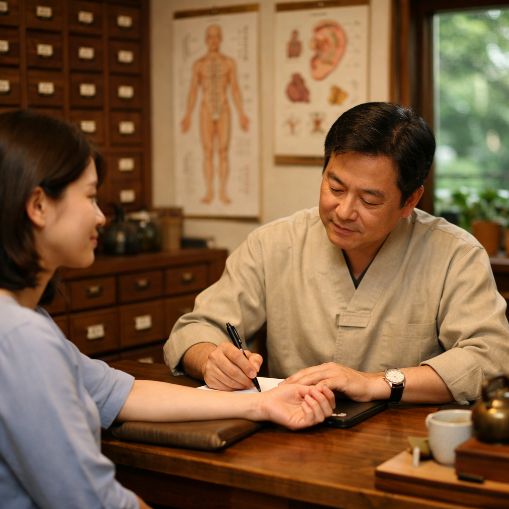 A warm, professional acupuncture clinic interior with an ECM practitioner conducting a thorough consultation. The scene shows a comfortable treatment room with traditional Korean medicine elements - herbal cabinets with labeled drawers, diagnostic charts on walls, and a wooden desk where the practitioner examines pulse diagnosis on a patient's wrist. Soft ambient lighting creates a calming atmosphere, and through the window, greenery is visible. The practitioner takes detailed notes while the patient sits relaxed. Shot with 35mm lens, f/2.0, warm tones, shallow depth of field, photo style.